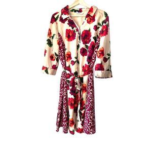 women's tan red floral dress tie casual 3/4 sleeves pointed collar plus size 18W